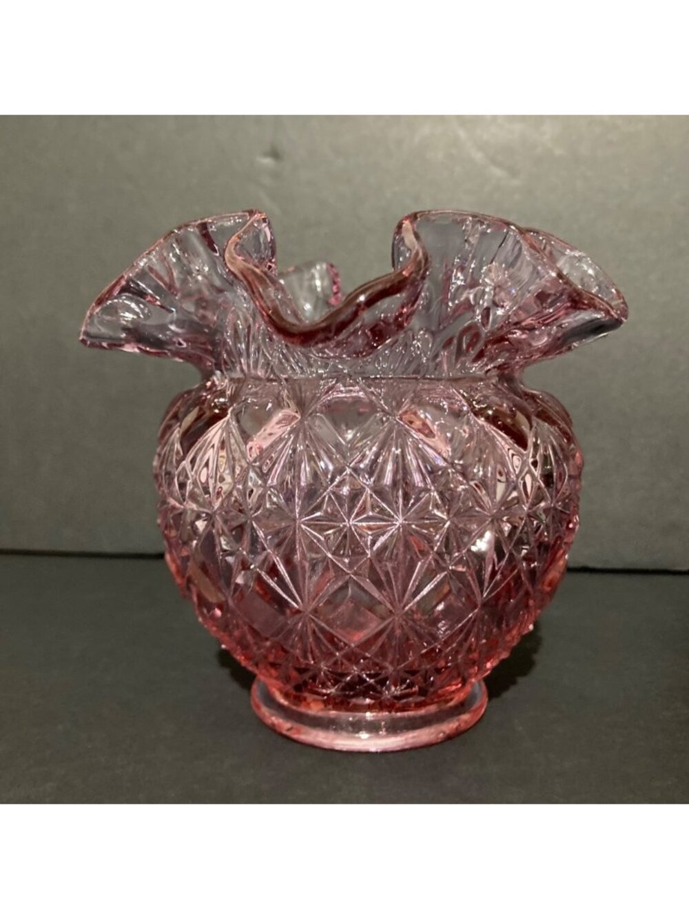 Fenton Lavender Pink Rose Bowl Vase Diamond Pattern Crimped Ruffled Rim